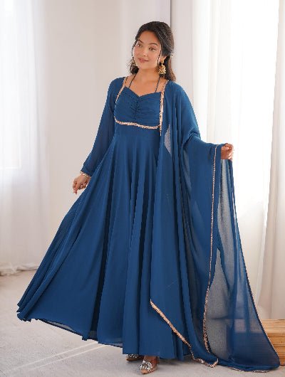Teal Blue Georgette Flair Anarkali Gown Dupatta Set Of 2 - BONYHUBSALWAR KAMEEZ