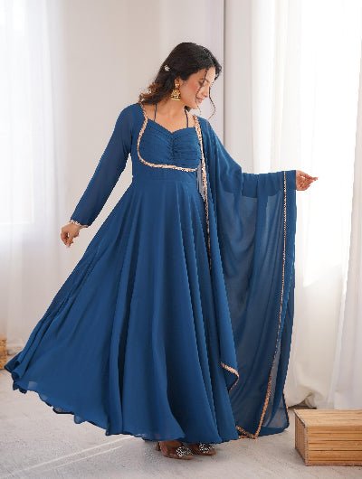 Teal Blue Georgette Flair Anarkali Gown Dupatta Set Of 2 - BONYHUBSALWAR KAMEEZ