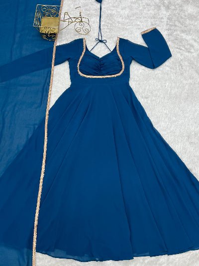 Teal Blue Georgette Flair Anarkali Gown Dupatta Set Of 2 - BONYHUBSALWAR KAMEEZ