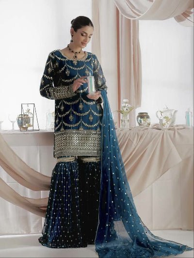 Teal Blue Gold Embroidery Gharara Suit Set - BONYHUBSALWAR KAMEEZ