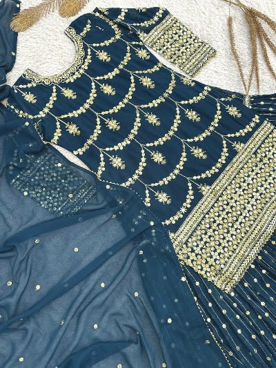 Teal Blue Gold Embroidery Gharara Suit Set - BONYHUBSALWAR KAMEEZ