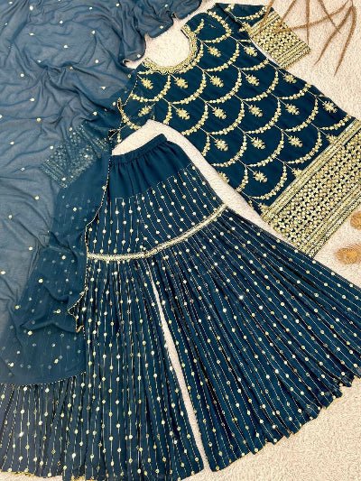 Teal Blue Gold Embroidery Gharara Suit Set - BONYHUBSALWAR KAMEEZ