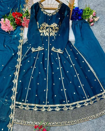 Teal Blue Graceful Georgette Embroidered Anarkali Gown Suit Set - BONYHUBSALWAR KAMEEZ