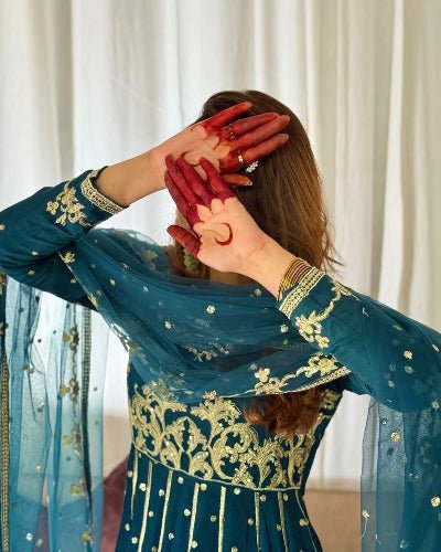 Teal Blue Graceful Georgette Embroidered Anarkali Gown Suit Set - BONYHUBSALWAR KAMEEZ