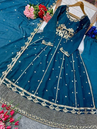 Teal Blue Graceful Georgette Embroidered Anarkali Gown Suit Set - BONYHUBSALWAR KAMEEZ
