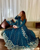Teal Blue Graceful Georgette Embroidered Anarkali Gown Suit Set - BONYHUBSALWAR KAMEEZ
