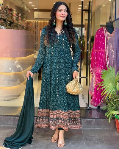 Teal Blue Maslin Cotton Embroidered Anarkali Dupatta Set Of 2 - BONYHUBSALWAR KAMEEZ