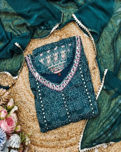 Teal Blue Maslin Cotton Embroidered Anarkali Dupatta Set Of 2 - BONYHUBSALWAR KAMEEZ