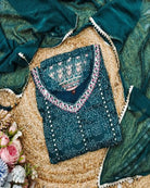 Teal Blue Maslin Cotton Embroidered Anarkali Dupatta Set Of 2 - BONYHUBSALWAR KAMEEZ