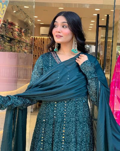 Teal Blue Maslin Cotton Embroidered Anarkali Dupatta Set Of 2 - BONYHUBSALWAR KAMEEZ