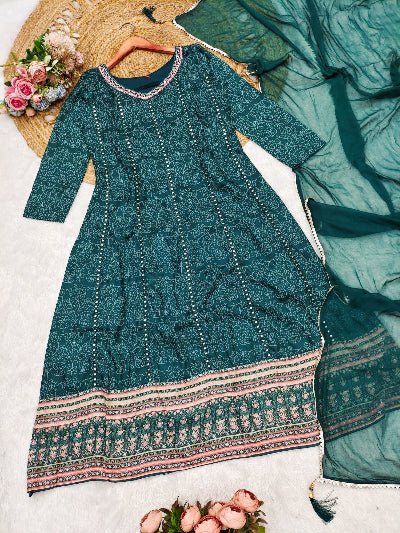 Teal Blue Maslin Cotton Embroidered Anarkali Dupatta Set Of 2 - BONYHUBSALWAR KAMEEZ