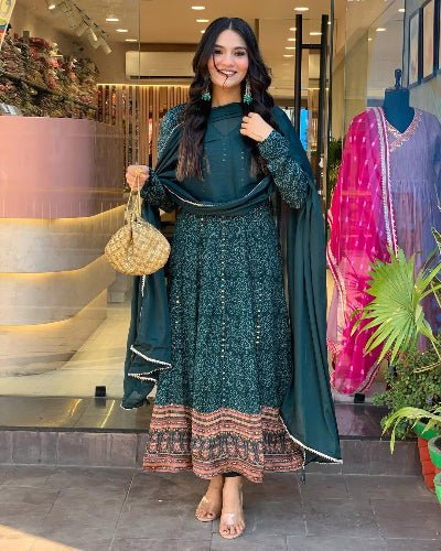 Teal Blue Maslin Cotton Embroidered Anarkali Dupatta Set Of 2 - BONYHUBSALWAR KAMEEZ