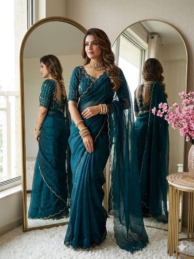 Teal Blue Ready to Wear Saree with Handwork Stitched Blouse - BONYHUBSAREE