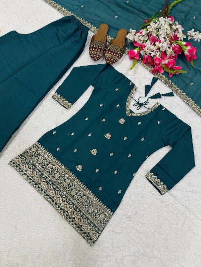Teal Blue Sequin Embroidered Sharara Suit for Women - BONYHUBSALWAR KAMEEZ