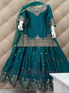 Teal Blue Sequins Work Kurti Lehenga Dupatta Set - BONYHUBSALWAR KAMEEZ