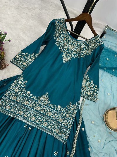Teal Blue Sequins Work Kurti Lehenga Dupatta Set - BONYHUBSALWAR KAMEEZ