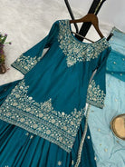 Teal Blue Sequins Work Kurti Lehenga Dupatta Set - BONYHUBSALWAR KAMEEZ