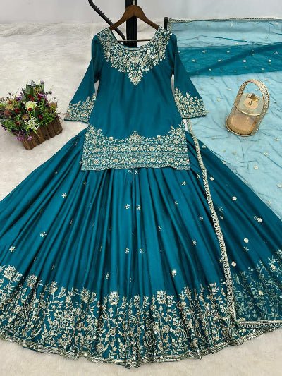 Teal Blue Sequins Work Kurti Lehenga Dupatta Set - BONYHUBSALWAR KAMEEZ