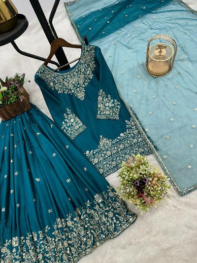 Teal Blue Sequins Work Kurti Lehenga Dupatta Set - BONYHUBSALWAR KAMEEZ