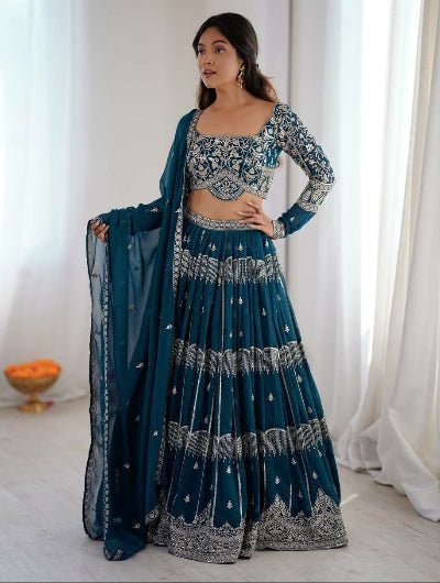 Teal Blue Thread Sequin Embroidery Lehenga Choli Set - BONYHUBSALWAR KAMEEZ