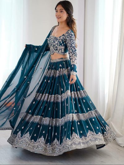 Teal Blue Thread Sequin Embroidery Lehenga Choli Set - BONYHUBSALWAR KAMEEZ