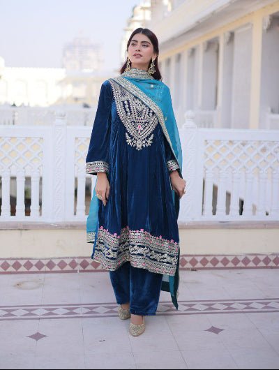 Teal Blue Velvet Bell Sleeve Embroidered Salwar Suit - BONYHUBSALWAR KAMEEZ