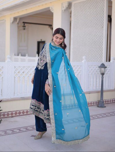 Teal Blue Velvet Bell Sleeve Embroidered Salwar Suit - BONYHUBSALWAR KAMEEZ