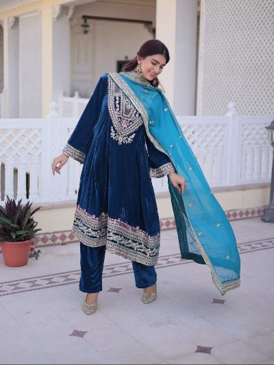 Teal Blue Velvet Bell Sleeve Embroidered Salwar Suit - BONYHUBSALWAR KAMEEZ