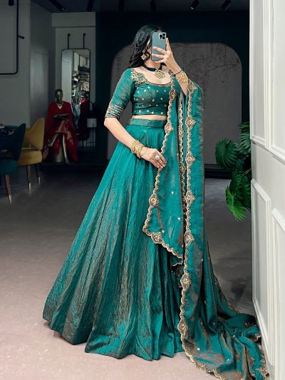 Teal Gold Embroidery Silk Wedding Lehenga Choli Set - BONYHUBSALWAR KAMEEZ