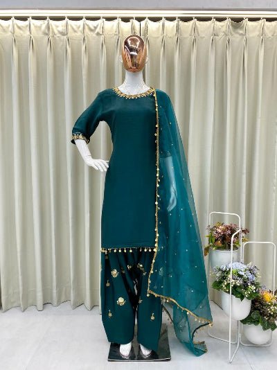 Teal Green Chinon Silk Embroidered Punjabi Suit Set - BONYHUBSALWAR KAMEEZ