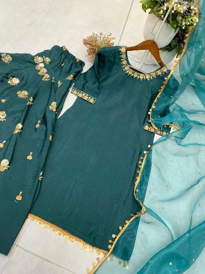 Teal Green Chinon Silk Embroidered Punjabi Suit Set - BONYHUBSALWAR KAMEEZ