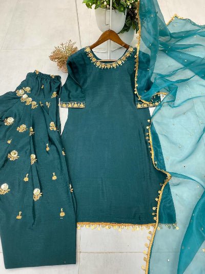 Teal Green Chinon Silk Embroidered Punjabi Suit Set - BONYHUBSALWAR KAMEEZ