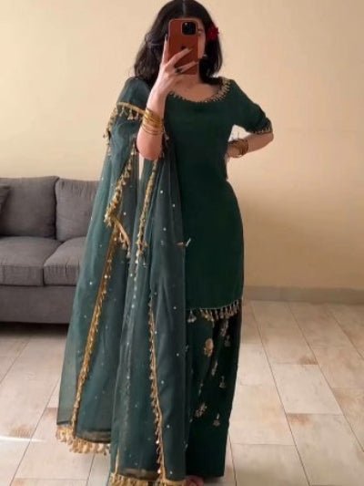 Teal Green Chinon Silk Embroidered Punjabi Suit Set - BONYHUBSALWAR KAMEEZ