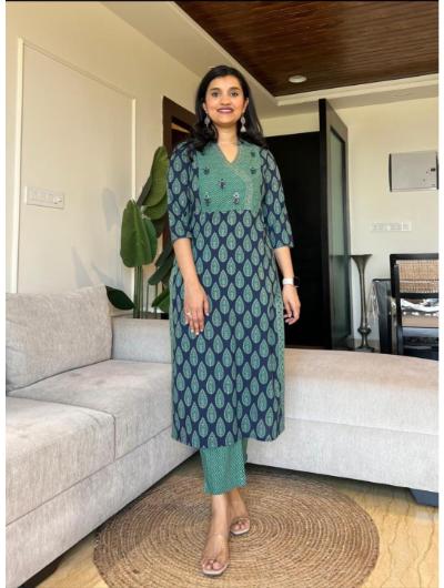 Teal Green Cotton Printed Salwar Suit (Set of 3) - BONYHUBSALWAR KAMEEZ