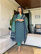 Teal Green Cotton Printed Salwar Suit (Set of 3) - BONYHUBSALWAR KAMEEZ