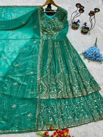 Teal Green Crunchy Silk Embroidered Anarkali Suit - BONYHUBSALWAR KAMEEZ