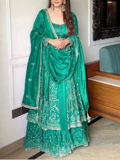 Teal Green Crunchy Silk Embroidered Anarkali Suit - BONYHUBSALWAR KAMEEZ