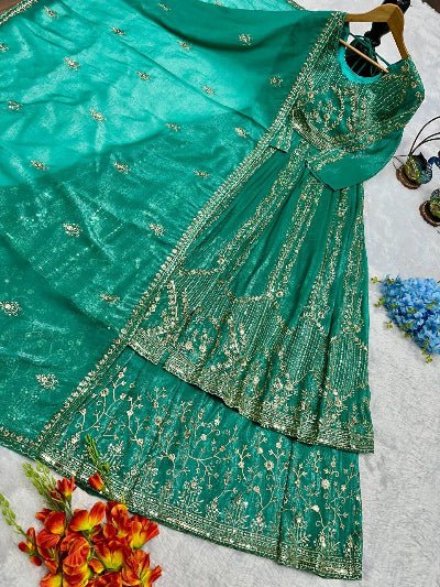 Teal Green Crunchy Silk Embroidered Anarkali Suit - BONYHUBSALWAR KAMEEZ