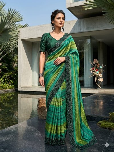 Teal Green Embroidered Chiffon Silk Ready to Wear Saree with Stitched Blouse for Women - BONYHUBSAREE