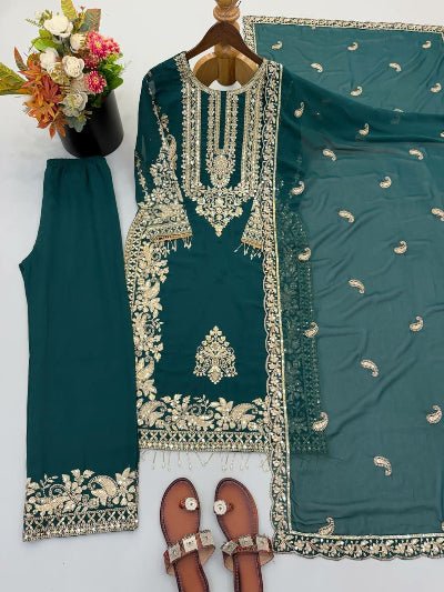 Teal Green Embroidered Georgette Straight Suit Set for Women - BONYHUBSALWAR KAMEEZ