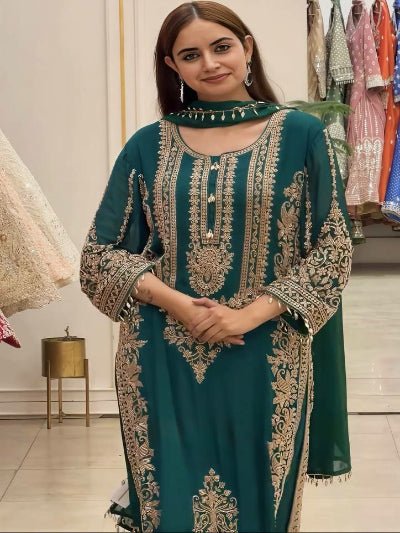 Teal Green Embroidered Georgette Straight Suit Set for Women - BONYHUBSALWAR KAMEEZ