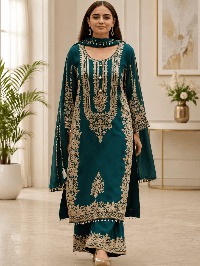 Teal Green Embroidered Georgette Straight Suit Set for Women - BONYHUBSALWAR KAMEEZ