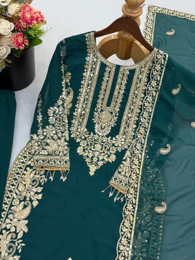 Teal Green Embroidered Georgette Straight Suit Set for Women - BONYHUBSALWAR KAMEEZ