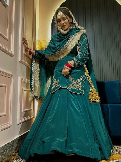 Teal Green Embroidery Sequins Kurti Skirt Dupatta Set - BONYHUBSALWAR KAMEEZ