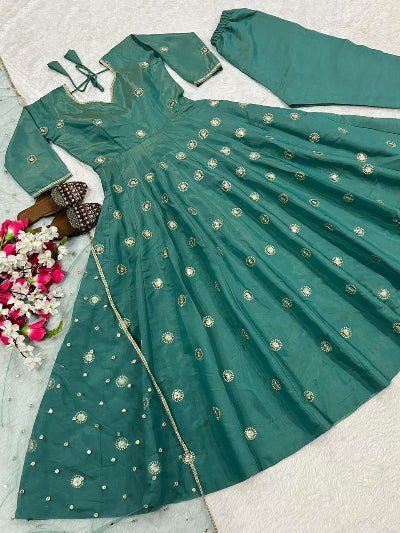 Teal Green Shimmer Silk Anarkali Suit Set - BONYHUBSALWAR KAMEEZ