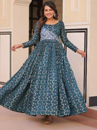 Teal Printed Jacquard Weaving Work Anarkali Gown 1Pc - BONYHUBSALWAR KAMEEZ