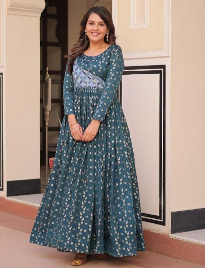 Teal Printed Jacquard Weaving Work Anarkali Gown 1Pc - BONYHUBSALWAR KAMEEZ