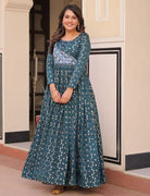 Teal Printed Jacquard Weaving Work Anarkali Gown 1Pc - BONYHUBSALWAR KAMEEZ