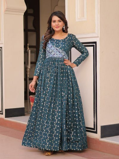 Teal Printed Jacquard Weaving Work Anarkali Gown 1Pc - BONYHUBSALWAR KAMEEZ