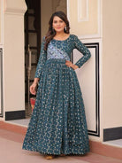 Teal Printed Jacquard Weaving Work Anarkali Gown 1Pc - BONYHUBSALWAR KAMEEZ